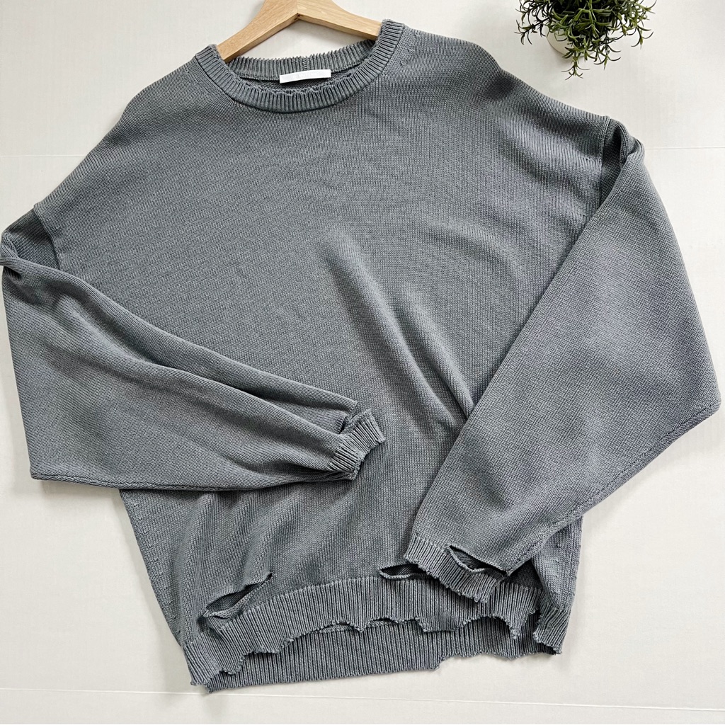 Helmut Lang Men's Distressed Ribbed Crew Sweater In Gray